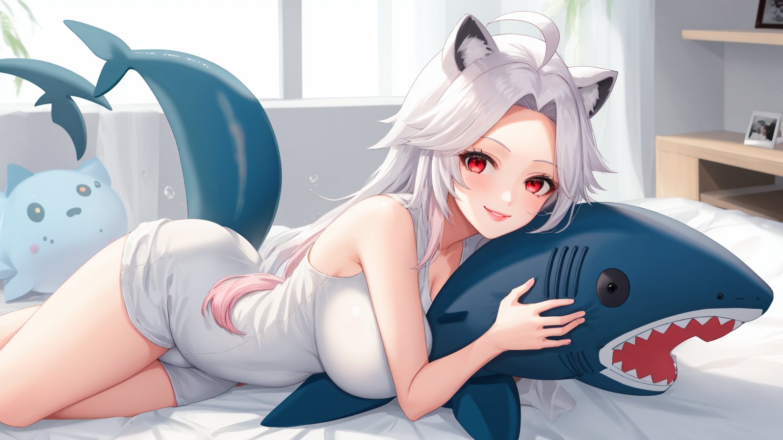 ((1girl)),smile,red eyes,round ears,lion ear,lion tail,pink lips,white hair,white tail,white ears, parted side bangs,ahoge,show forehead, long hair






,white pajamas, night light, dim background,lying,holding whole shark plush toy in the arms,,
bedroom,big breasts,bubble butt
,whole shark plush toy,