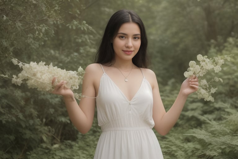 Young woman, black hair, latin features, forest background, wearing a single pendant necklace with a flower, white dress, smiling, she stands on the right side of the frame