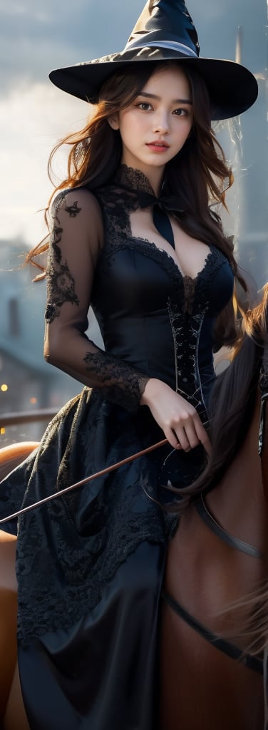 a young woman,looking at the camera, posing,ulzzang, streaming on twitch, character album cover,black moment,style of bokeh, witch dress, ,moody lighting,appropriate comparison of cold and warm, hair over one eye, bow on head, reality,idol,Beauty,beauty,Holding a crossbow, riding a horse