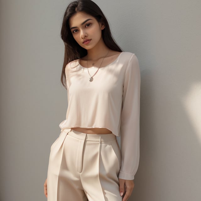 A 20-year-old Indian AI influencer stands confidently, her egg-shaped face with flawless white skin radiating a warm glow. Sleek black hair falls in soft waves down the front, framing her delicate pink lips and high-cheekbones. A pastel-hued blouse hugs her slender frame, paired with neutral-toned trousers that create a timeless look. Shoulders relaxed, hands by her sides, she exudes polished simplicity. Minimalist jewelry, including a silver pendant necklace, adds subtle elegance to her modern ensemble.