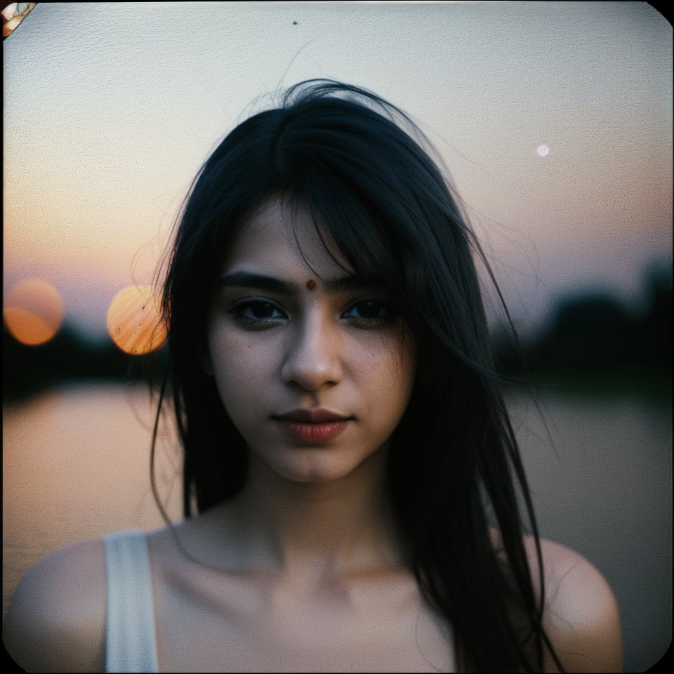 polaroid photo, night photo, photo of 24 y.o beautiful Indian girl, pale skin, bokeh, motion blur