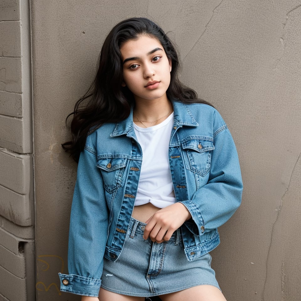 Create a highly realistic image of a 20-year-old Indian female influencer wearing a stylish denim jacket paired with a matching skirt. The outfit is casual and cool. She is accessorized with minimalistic jewelry and styled in loose waves. The background is a hip urban graffiti wall setting.
Pose: Leaning against a wall, one leg bent, arms crossed, flirty look.
