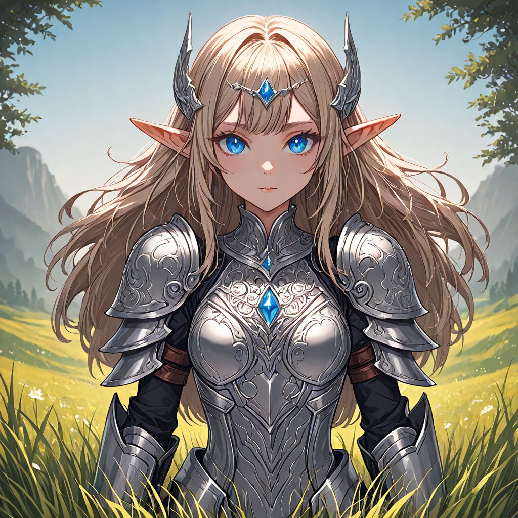 (masterpiece), (extremely intricate), the most beautiful artwork in the world, professional digital art by Ed Blinkey and Atey Ghailan and Jeremy Mann and Greg Rutkowski, Medium shot of a elf girl in fullplate armor, symmetrical eyes, perfect elegant face, perfect eyes , grass plain background