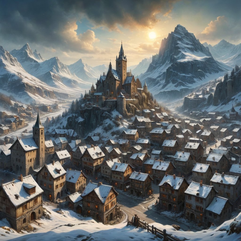 best quality, masterpiece,a painting of a town with a mountains on a horison, a storybook illustration, inspired by Anton Pieck, renaissance, rocky, dirk dzimirsky, bottom view, jean henri gaston giraud, ((medieval town)), panorama, ((fantasy)), (snow city), (a lot of mountains), very fantasy, dnd art, magical, (flat city), from above, village, rural, mine, mining city
