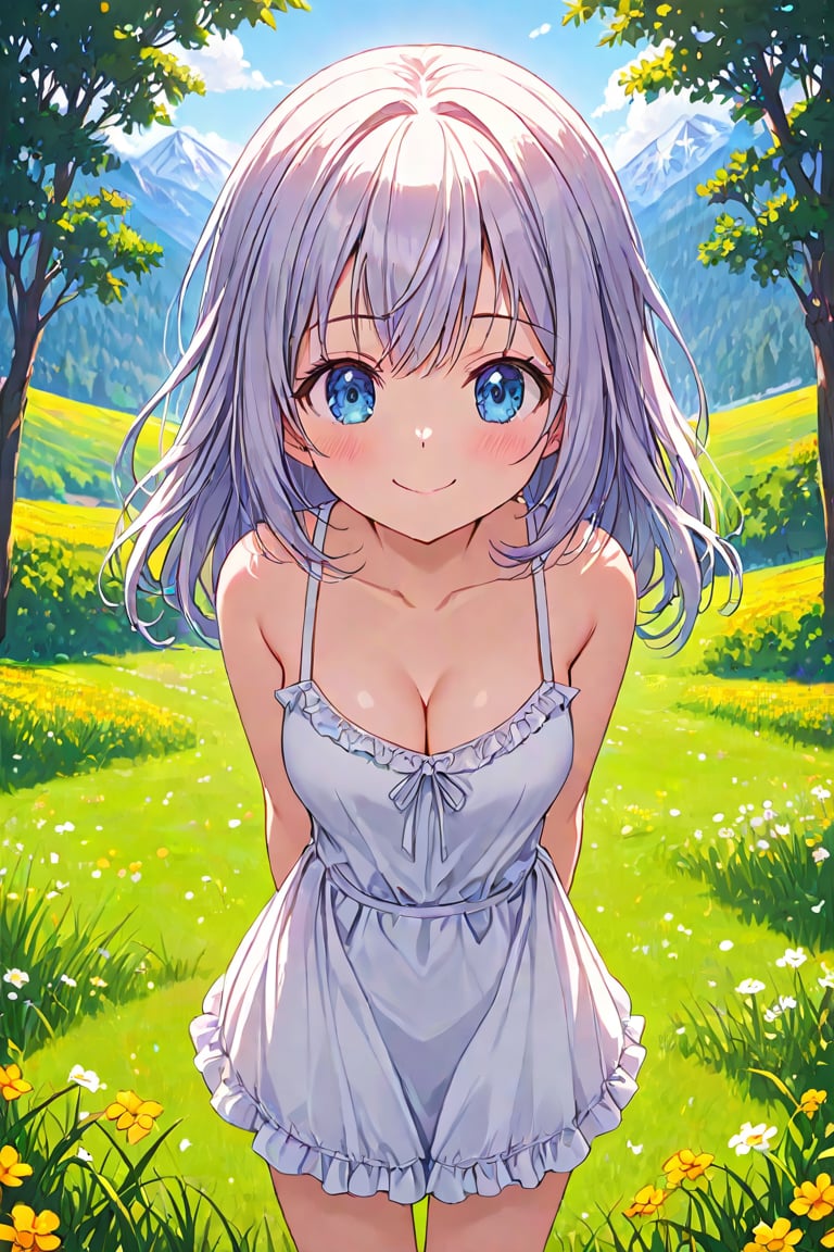 (1 small loli girl),, cowboy shot, meadow, sunny, smile, plain sundress, white white dress, white camisole, (leaning forward), arms behind back, cleavage, (centered, straight-on:1), looking at viewer, eye contact, , BREAK cute, tender, delicate, young, petite, romantic, precious, youthful, medium breasts , cleavage, long hair, close, BREAK , score_9, score_8_up, score_7_up, score_6_up, masterpiece, best quality, extremely detailed, detailed background, detailed face, centered, approaching perfection