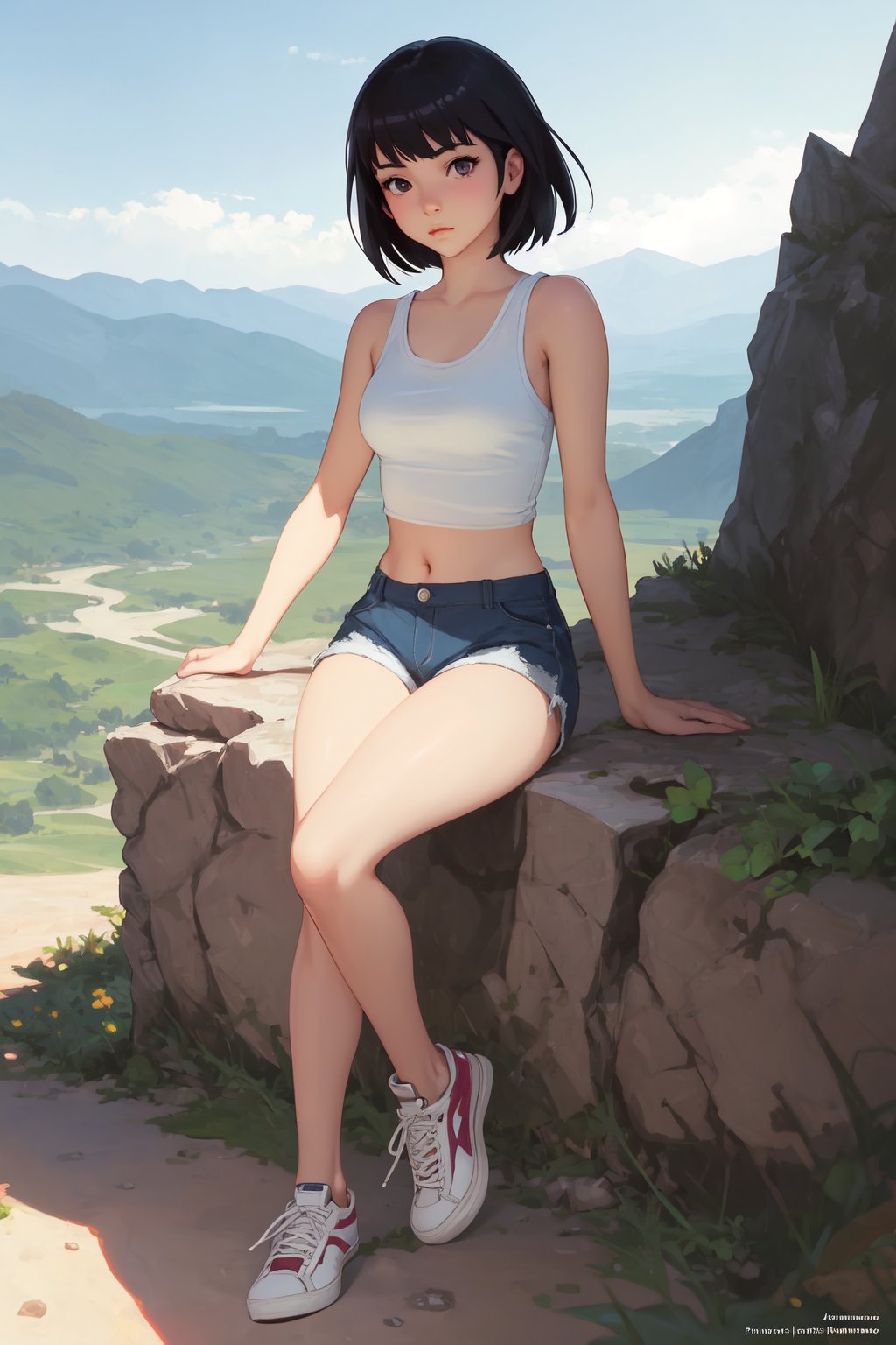 (masterpiece), (extremely intricate:1.3), portrait of a petite girl, digital art by David Palumbo, full body shot of a teen girl, white tanktop, shorts, ((stockings, sneakers)), awe-inspiring, digital illustration, approaching perfection, smooth, sharp focus, unreal engine, loish, rhads, beeple, makoto shinkai and lois van baarle, ilya kuvshinov, rossdraws, tom bagshaw, alphonse mucha, global illumination, sitting, arm arm support, short tank top, midriff, navel, mountain cliff background
