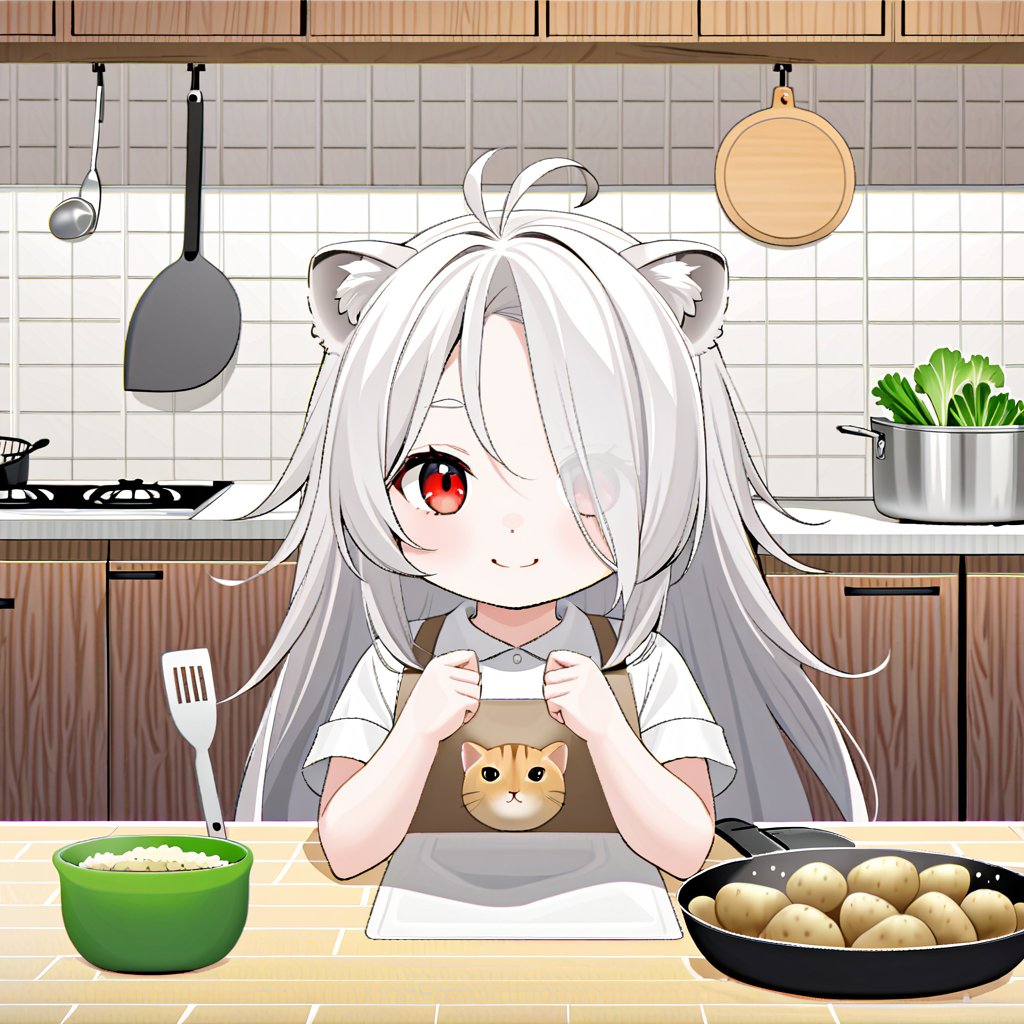 1girl, solo, Bangs  parted , long hair, bangs, , red eyes,, animal ears,,round ears,hair see-through eyes
Bangs, white tail, white hair,hair over one eye, lion ears, lion tail, lion girl,take spatula, take pot
ahoge, , , full body,kitchen,vegetables, cattle, potatoes,tabby cat ,smile