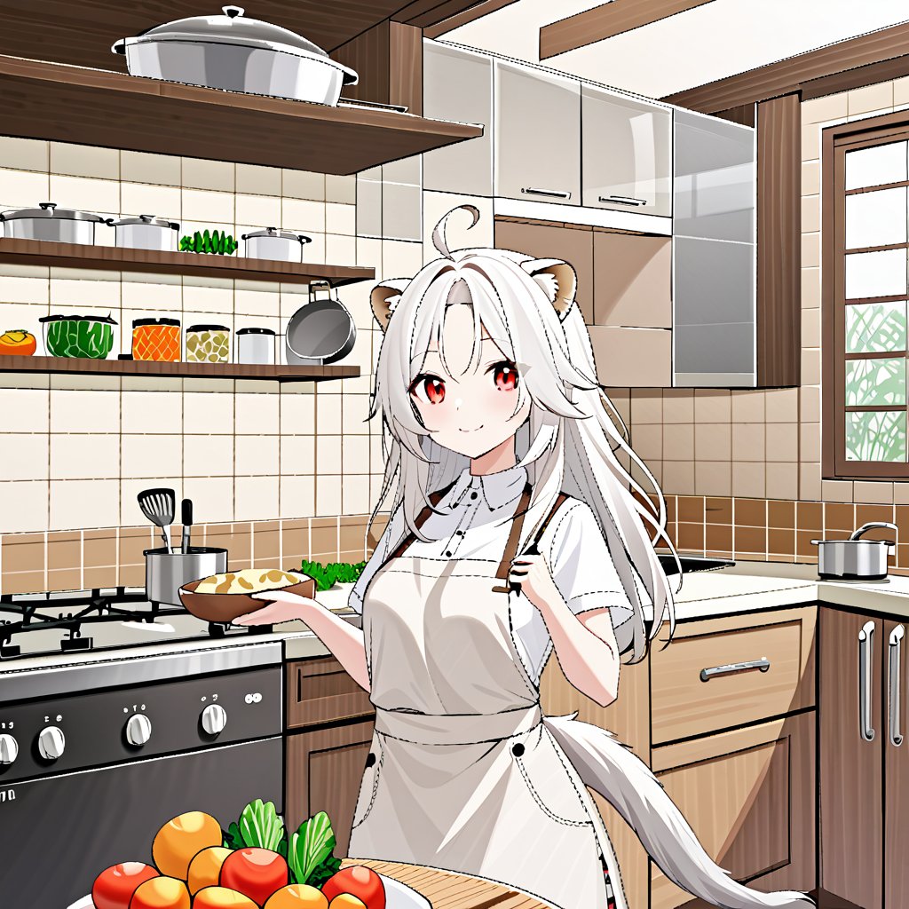 1girl, solo, Bangs  parted , long hair, bangs, , red eyes,, animal ears,,round ears,hair see-through eyes
Bangs, white tail, white hair,hair over one eye, lion ears, lion tail, lion girl,take spatula, take pot
ahoge, , , full body,kitchen,vegetables, cattle, potatoes,tabby cat ,smile