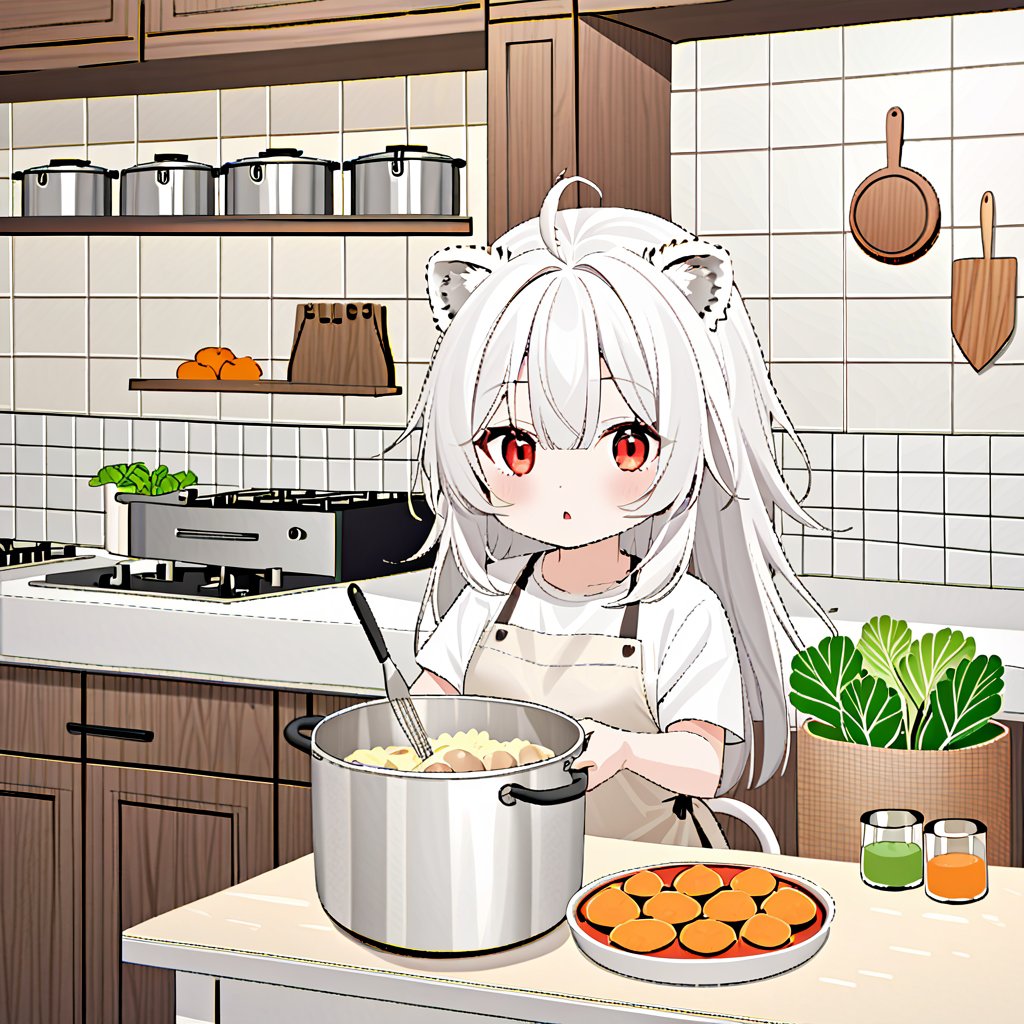 1girl, solo, Bangs  parted , long hair, bangs, , red eyes,, animal ears,,round ears,hair see-through eyes
Bangs, white tail, white hair,hair over one eye, lion ears, lion tail, lion girl,take spatula, take pot
ahoge, , , full body,kitchen,vegetables, cattle, potatoes,tabby cat