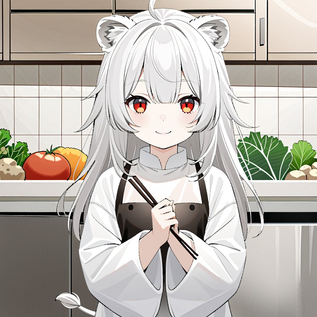 1girl, solo, Bangs  parted , long hair, bangs, , red eyes,, animal ears,,round ears,hair see-through eyes
Bangs, white tail, white hair,hair over one eye, lion ears, lion tail, lion girl,holding chopsticks
ahoge, , , full body,kitchen,vegetables, cattle, potatoes,tabby ,smile