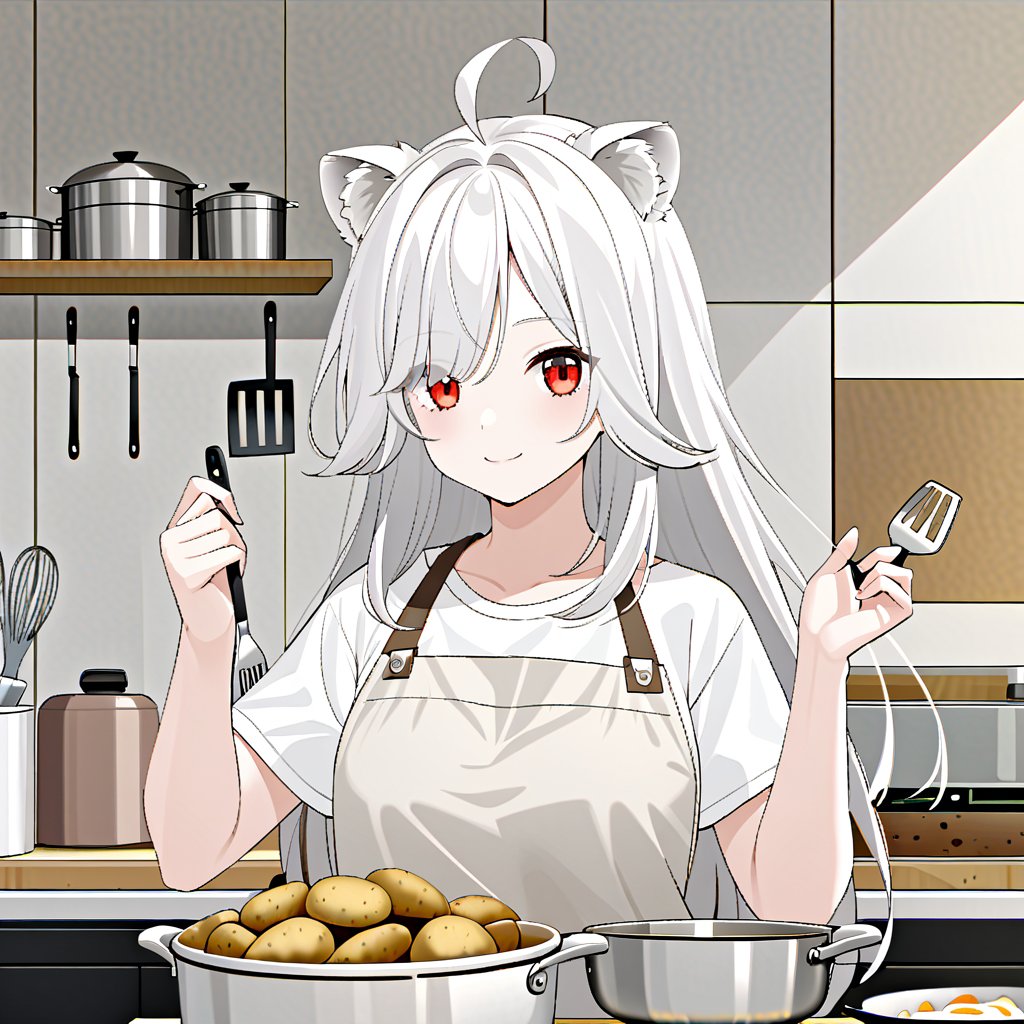 1girl, solo, Bangs  parted , long hair, bangs, , red eyes,, animal ears,,round ears,hair see-through eyes
Bangs, white tail, white hair,hair over one eye, lion ears, lion tail, lion girl,take spatula, take pot
ahoge, , , full body,kitchen,vegetables, cattle, potatoes,tabby cat ,smile