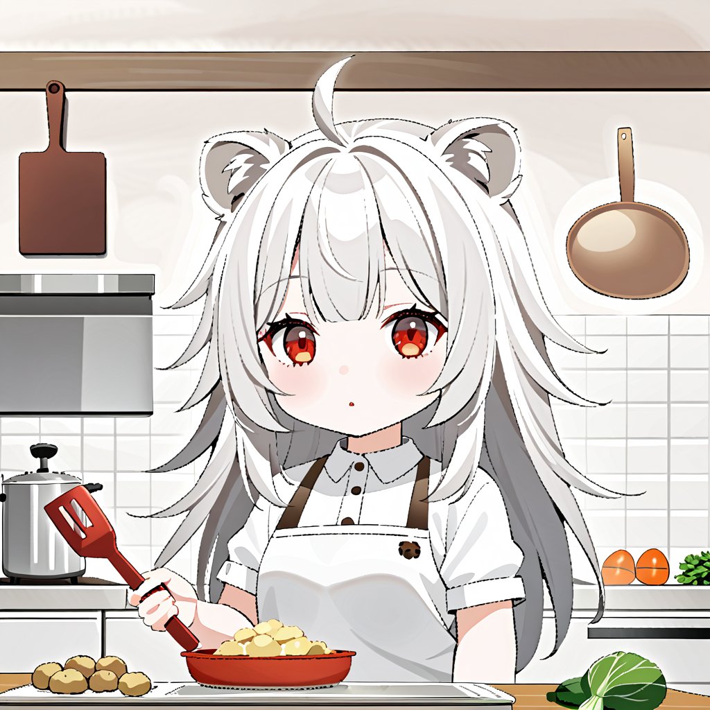 1girl, solo, Bangs  parted , long hair, bangs, , red eyes,, animal ears,,round ears,hair see-through eyes
Bangs, white tail, white hair,hair over one eye, lion ears, lion tail, lion girl,take spatula, take pot
ahoge, , , full body,kitchen,vegetables, cattle, potatoes,