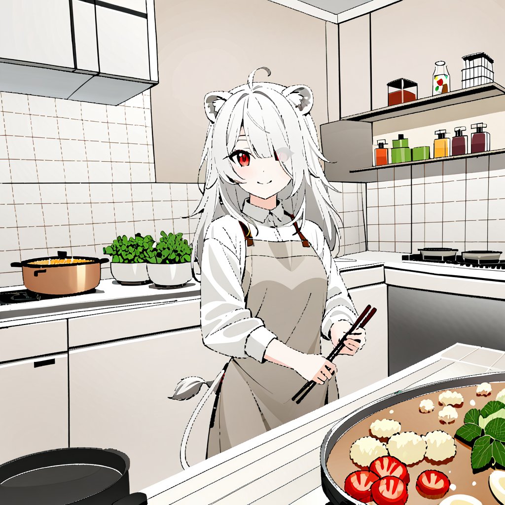 1girl, solo, Bangs  parted , long hair, bangs, , red eyes,, animal ears,,round ears,hair see-through eyes
Bangs, white tail, white hair,hair over one eye, lion ears, lion tail, lion girl,holding chopsticks
ahoge, , , full body,kitchen,vegetables, cattle, potatoes ,smile,cooking