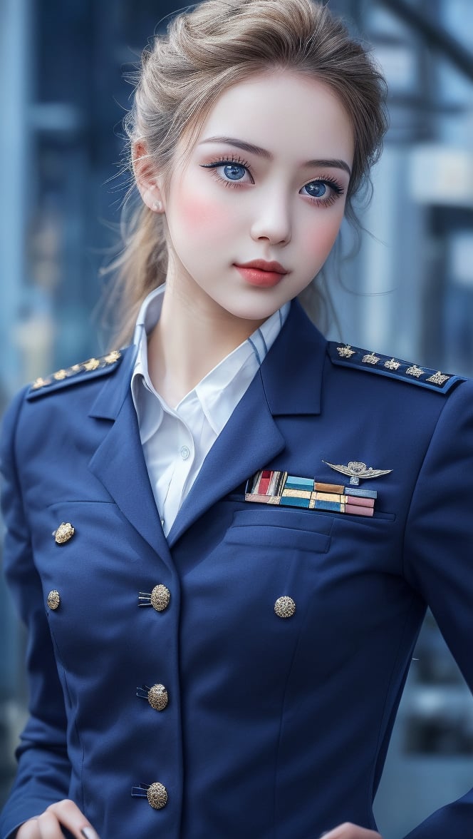 A beautiful young girl, makeup exquisite, (blue uniform: 1.2), relaxed expression, elegant and decent manners! The background is blurred.