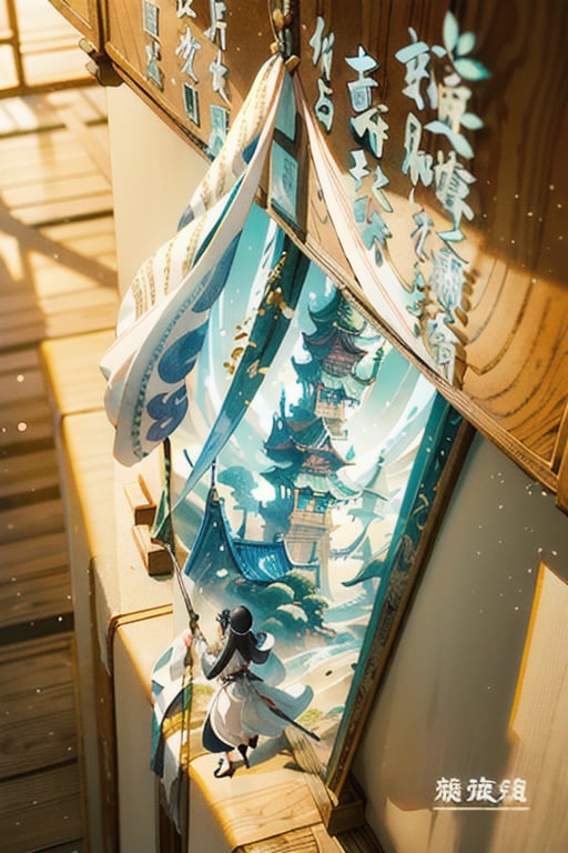 A small ancient Chinese young woman walks on a number of undulating scrolls covered with calligraphy characters. She carries a long sword, wears a flowing soft silk Hanfu, and her long hair moves in the wind. 3D rendered Chinese ink painting scene. Pale gold and emerald. Top view, epic scale of the scene. Light and shadow are distinct, and subtle stars float in the air, creating a dreamlike surreal atmosphere. Ultra-high resolution, the overall composition is very artistic and spatial sense. Fine brushwork, soft flow, history painting, 3D rendering
