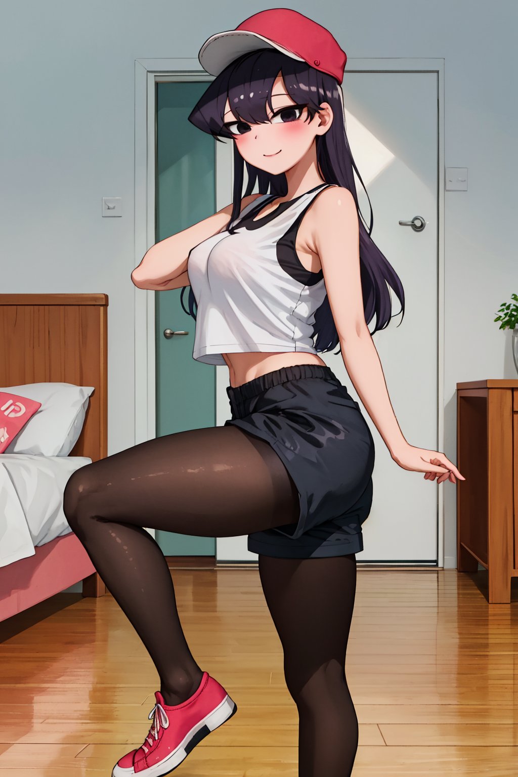 high_resolution, high quality, (masterpiece), best quality, komishouko, (((Komi san))), komi shouko, expressive eyes, full body picture, perfect face, perfect body, 1 girl, solo, random poses, po, purple hair, cute smile, kiny eyes, sexy, blushing, thick and curvy body, small tits, normal chest, wide hips, big ass, sexy legs, thick legs, two long legs, (black sleeveless t-shirt, red cap, red two-horned cap, shorts blue, long black stockings, pink shoes), sole female, room,ctianlucoa