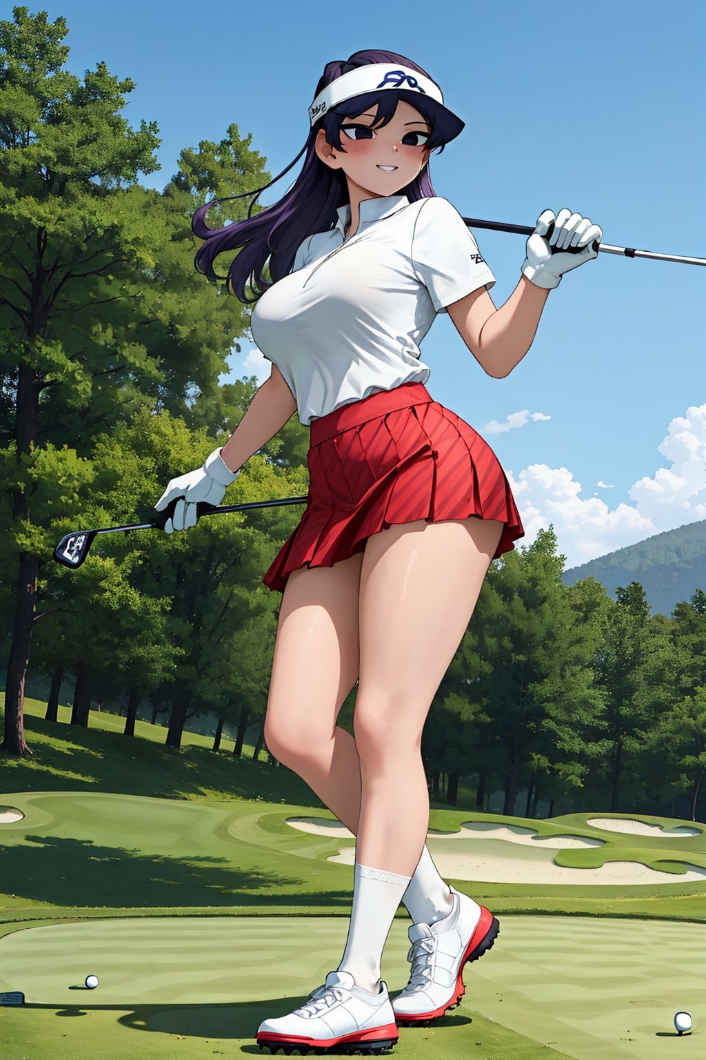 high_resolution, high quality, (masterpiece), best quality, komishouko, (((Komi san))), komi shouko, expressive eyes, full body picture, perfect face, perfect body, 1 girl, solo, random poses, po, purple hair, cute smile, kiny eyes, sexy, blushing, thick and curvy body, normal tits, normal breasts, wide hips, big ass, sexy legs, thick legs, two long legs, (lGolf T-shirts, Skirts or Skorts, Caps or Visors, White Golf Gloves, Golf Shoes, Technical Underwear, Sunglasses in hair, Golf club in hand, over knee socks), sole female, Green field, golf course, 