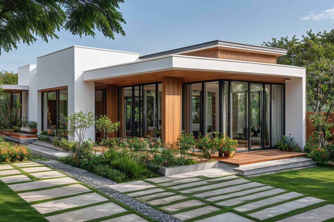 Exterior of a one-story modern flat-roof house with clean lines and large floor-to-ceiling windows. The facade is a combination of white stucco and natural wood accents, surrounded by minimalist landscaping with gravel paths and low-maintenance trees. The house has an open-plan living space, seamlessly connecting the indoors with the outdoors through sliding glass doors leading to a spacious terrace. Cinematic compositions, trending on ArtStation.
