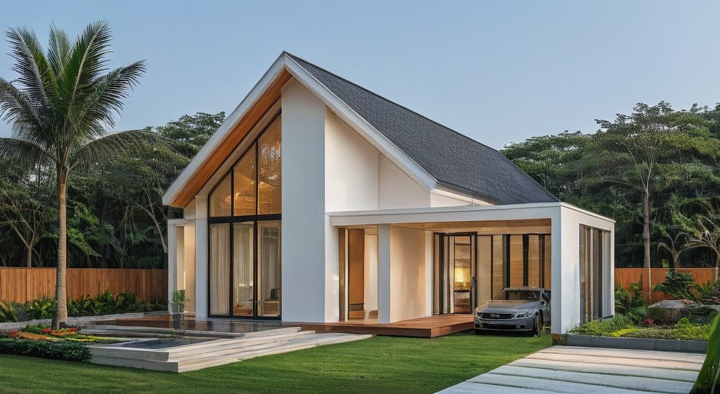 The modern minimalist home has a pointed gable roof, covered in dark gray shingles and clean white walls. The front of the home features large floor-to-ceiling windows framed in black, providing a glimpse of the modern interior. The covered porch with sleek, minimalist columns features warm recessed lighting, creating a welcoming glow at dusk. The yard is meticulously landscaped with lush green lawns, paved paths, a mix of tall trees and tropical plants providing a natural and peaceful atmosphere. An integrated carport houses a blue sedan, blending perfectly with the design. surreal lobby image, 8k. raw photo, best quality, ultra realistic, masterpiece, best quality skin, photography hd, dslr, tcs, httlvn







