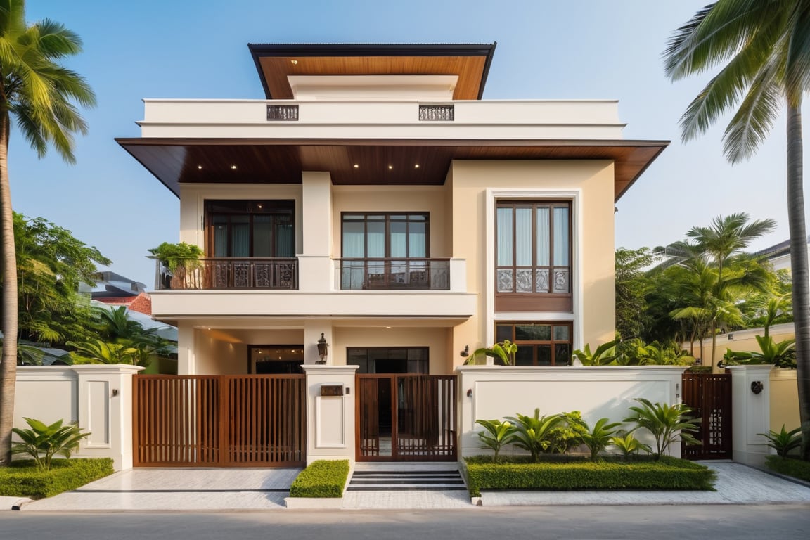 Exterior perspective, wide angle view of a townhouse, modern Indochina style, color scheme {light cream yellow|white|brown}, marble walls, brown details, granite tiles, decorative blue bars wood, (luxury interior), clear blue noon sky, lush green trees, black frame doors, facade lights, cars, palm trees, (RAW photo, masterpiece, best quality, super detailed, extremely delicate Delicate and beautiful, high resolution, best shade: 1.1), (Warm Daylight, Fresh Air)
