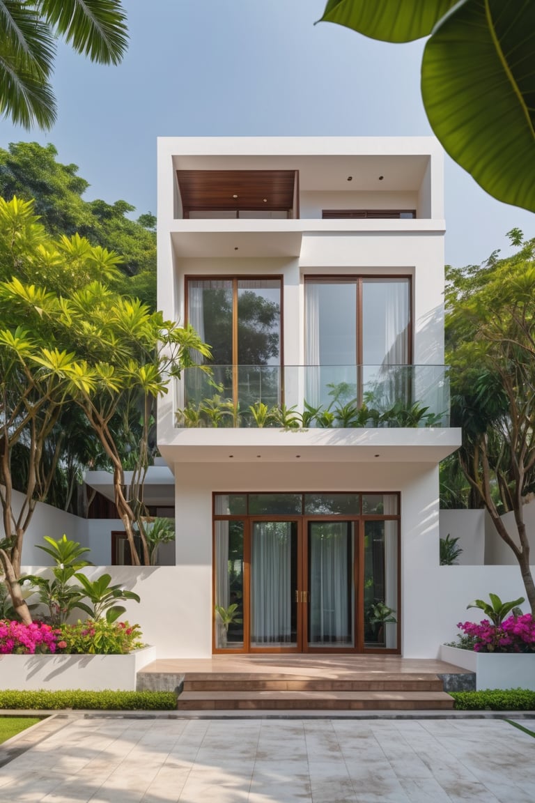 Modern 2-storey pointed roof villa in the suburbs of Vietnam, wide viewing angle, eye level, Photorealistic, surreal, 8k, ultra high resolution, sharp focus, soft morning light, courtyard Manicured gardens, bougainvillea trees, paved driveways, suburbs, clean streets. Surrounded by tropical trees providing shade
