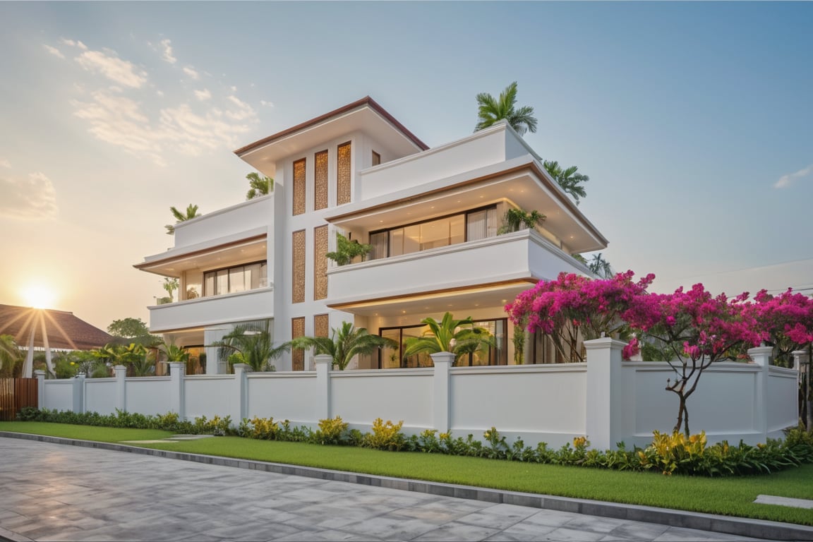 Modern 2-storey pointed roof villa in the suburbs of Vietnam, wide viewing angle, eye level, Photorealistic, surreal, 8k, ultra high resolution, sharp focus, soft morning light, courtyard Manicured gardens, bougainvillea trees, paved driveways, suburbs, clean streets. Surrounded by tropical trees providing shade
