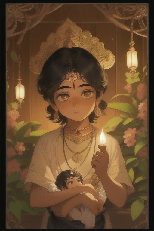 A tender portrait of Little Krishna, framed within a traditional Indian setting, with intricate carvings on the wooden walls and a soft, warm glow emanating from the oil lamps. Krishna's small hands cradle a flute, his eyes shining bright with innocence as he gazes up at the sky, surrounded by lush greenery and vibrant flowers.