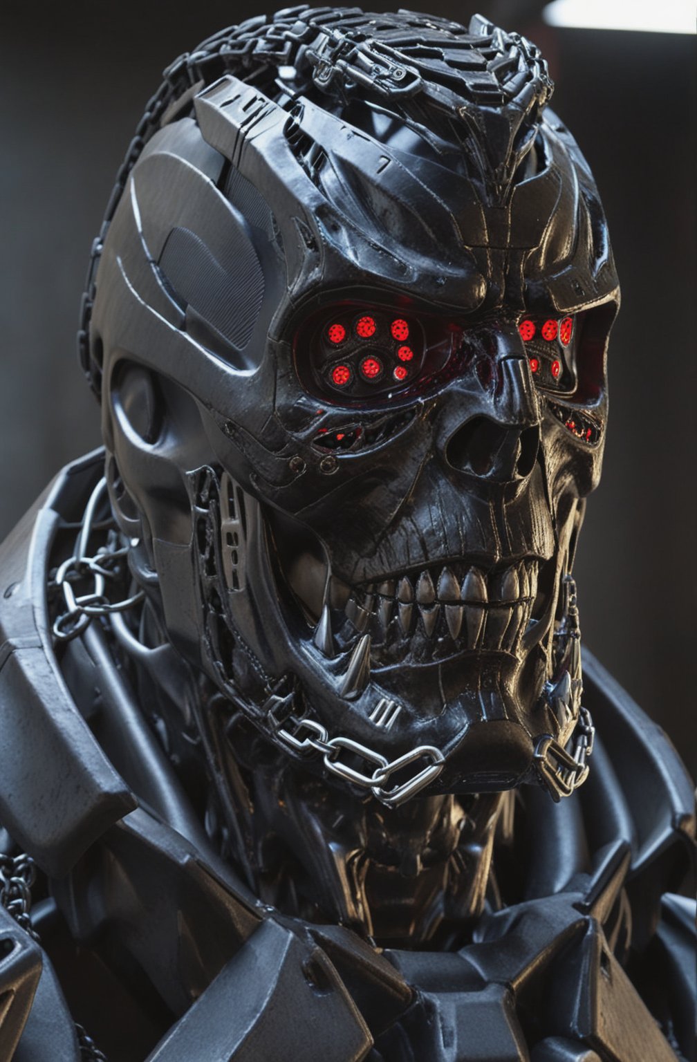 (8k, 3D, UHD, highly detailed, masterpiece, professional oil painting)close-up of Terminator T800 from side in action pose surrounded by void magic looking at viewer, metalic roboter head (intricate details), (****), insane, toxic, no hair,volumetric lighting, dutch angle,  many red led laser eyes,Dinosaur style metal teeth,bust shot,With a bunch of chains on his head,
lora:add-detail-xl:1
