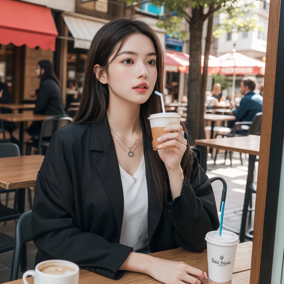 1girl, solo, long hair, brown hair, shirt, jewelry, necklace, lips, traditional media, portrait, realistic, holding, brown eyes, sitting, jacket, white shirt, outdoors, food, day, indoors, tree, cup, lips, black jacket, chair, table, drinking straw, sign, realistic, drink, drinking, disposable cup, restaurant, cafe, real world location