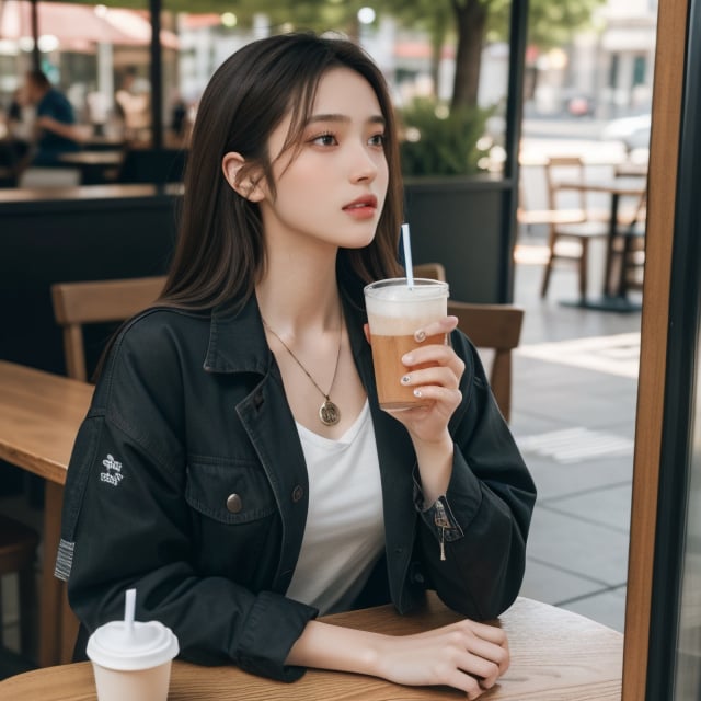 1girl, solo, long hair, brown hair, shirt, jewelry, necklace, lips, traditional media, portrait, realistic, holding, brown eyes, sitting, jacket, white shirt, outdoors, food, day, indoors, tree, cup, lips, black jacket, chair, table, drinking straw, sign, realistic, drink, drinking, disposable cup, restaurant, cafe, real world location