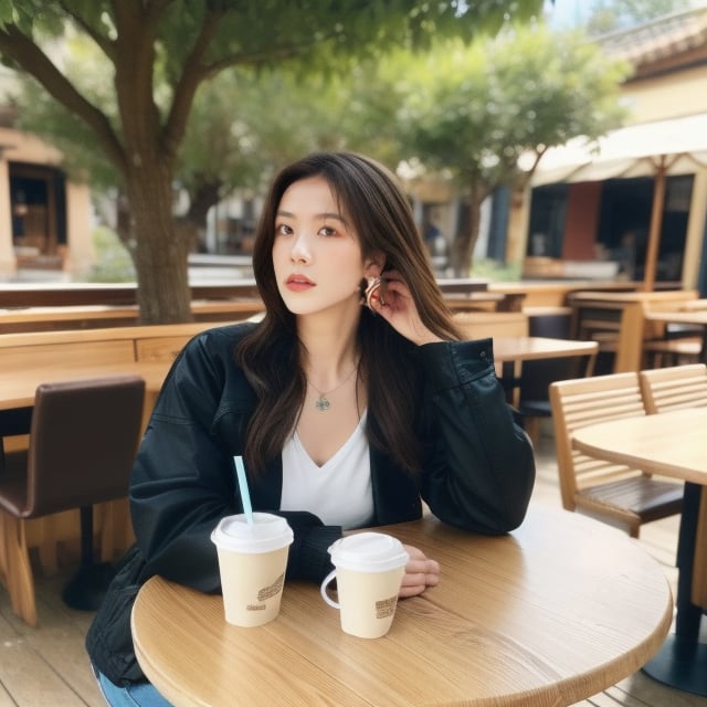 1girl, solo, long hair, brown hair, shirt, jewelry, necklace, lips, traditional media, portrait, realistic, holding, brown eyes, sitting, jacket, white shirt, outdoors, food, day, indoors, tree, cup, lips, black jacket, chair, table, drinking straw, sign, realistic, drink, drinking, disposable cup, restaurant, cafe, real world location,Asia,JeeSoo 