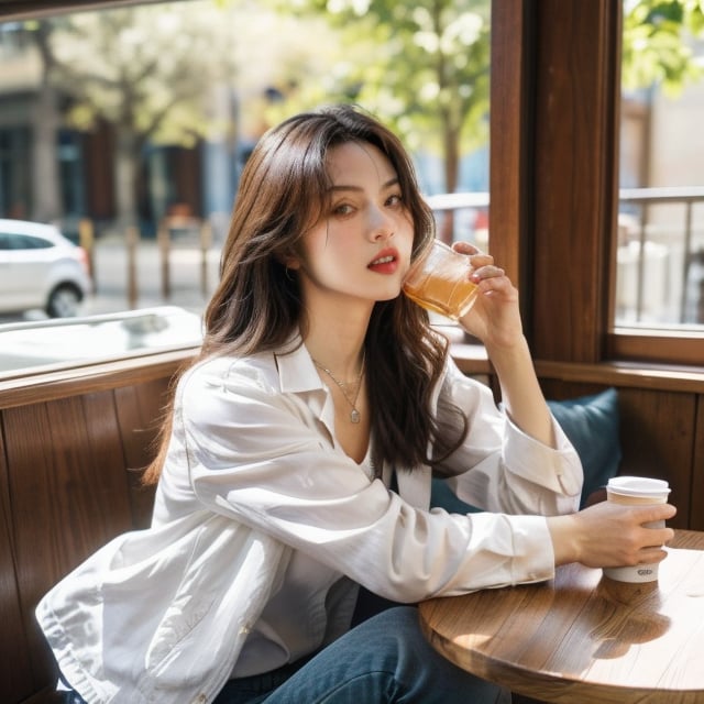 1girl, solo, long hair, brown hair, shirt, jewelry, parted lips, necklace, lips, traditional media, portrait, realistic, holding, brown eyes, sitting, jacket, white shirt, outdoors, food, day, indoors, tree, cup, lips, black jacket, chair, table, drinking straw, sign, realistic, drink, drinking, disposable cup, restaurant, cafe, real world location