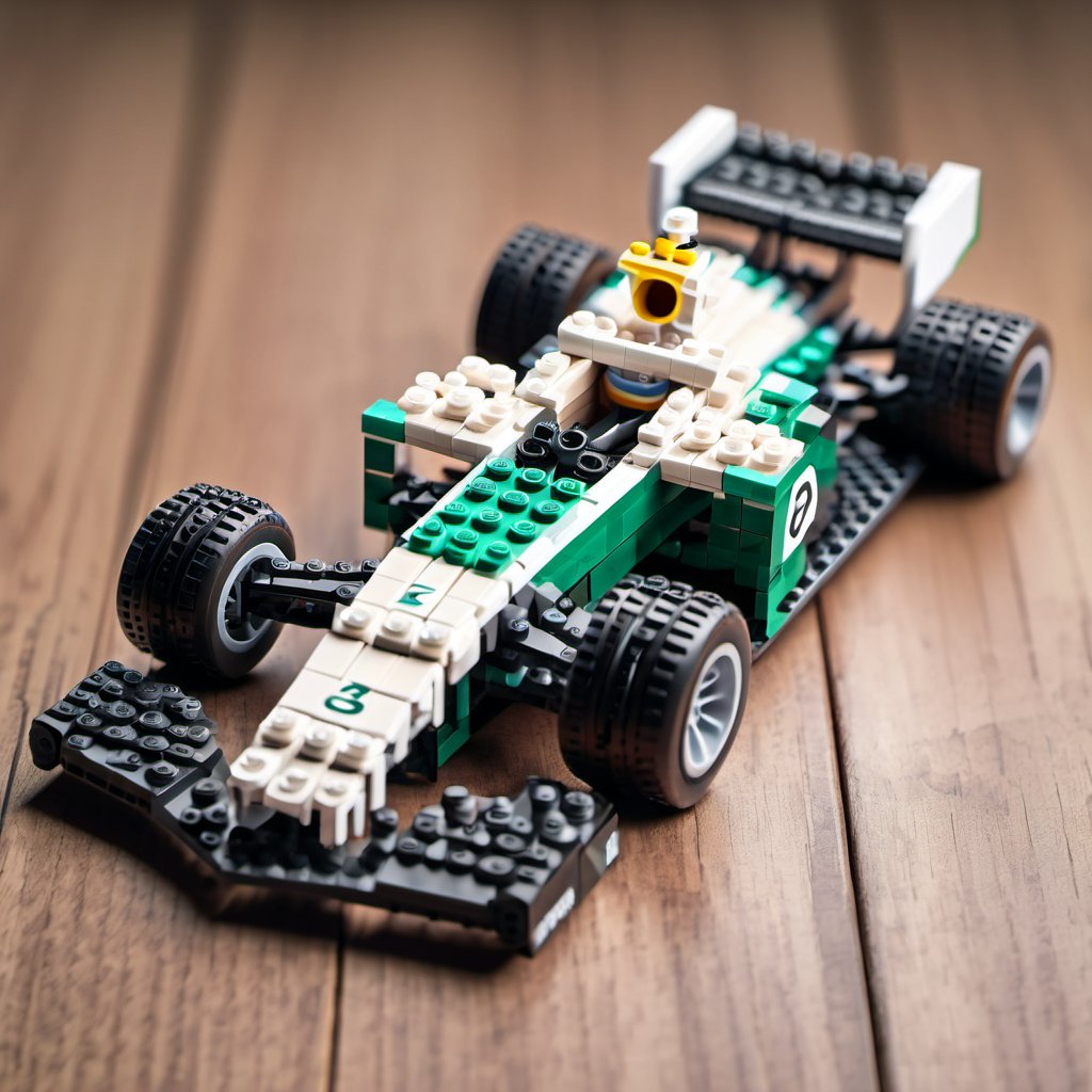  F1 team Mercedes F1 car on wooden surface,lego, professionally color graded