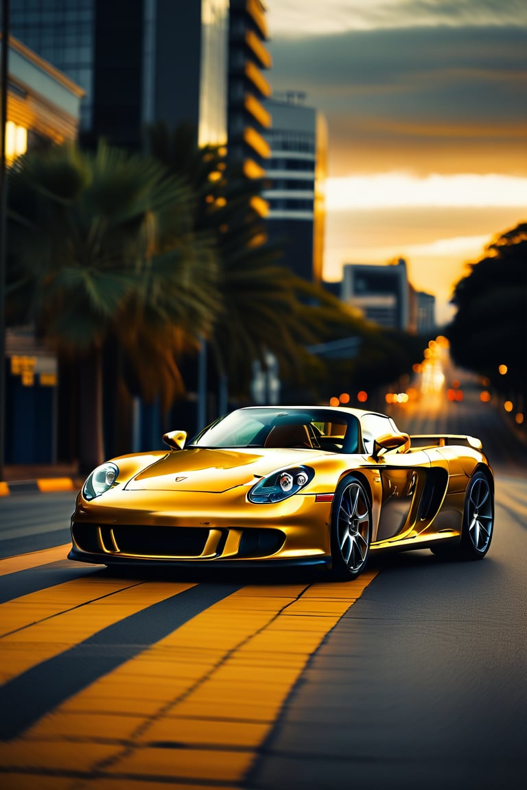 award-winning photograph of Porsche Carrera GT in the streets of Sandton, South Africa, style of Sam Kolder, golden hour, early evening, hyper-realistic. Canon, 8k, wide angle lens