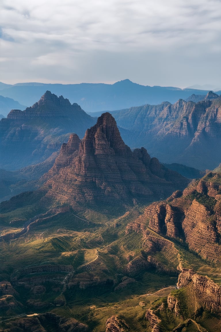 high quality photograph of aerial shot over the Drakensberg mountains, south Africa. Canon EOS R3, 400mm, award-winning, UHD, 8k, f10, dslr,135mm imax