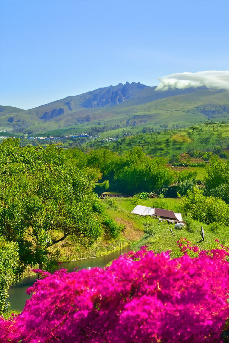 photograph of the rolling hills of Natal, South Africa, greenery all around, abundant trees and grass, river running through the bottom of the valley, cattle and goats grazing, bougainvillea growing next to a farmhouse,  Canon EOS R3, 400mm, award-winning, UHD, 8k, f10, dslr,135mm imax