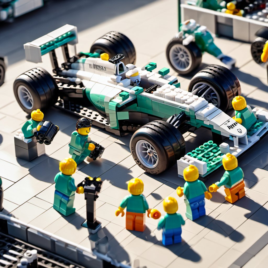  F1 team Mercedes F1 car at pit stop, Lego mechanics changing tires and attending to car,lego, professionally color graded