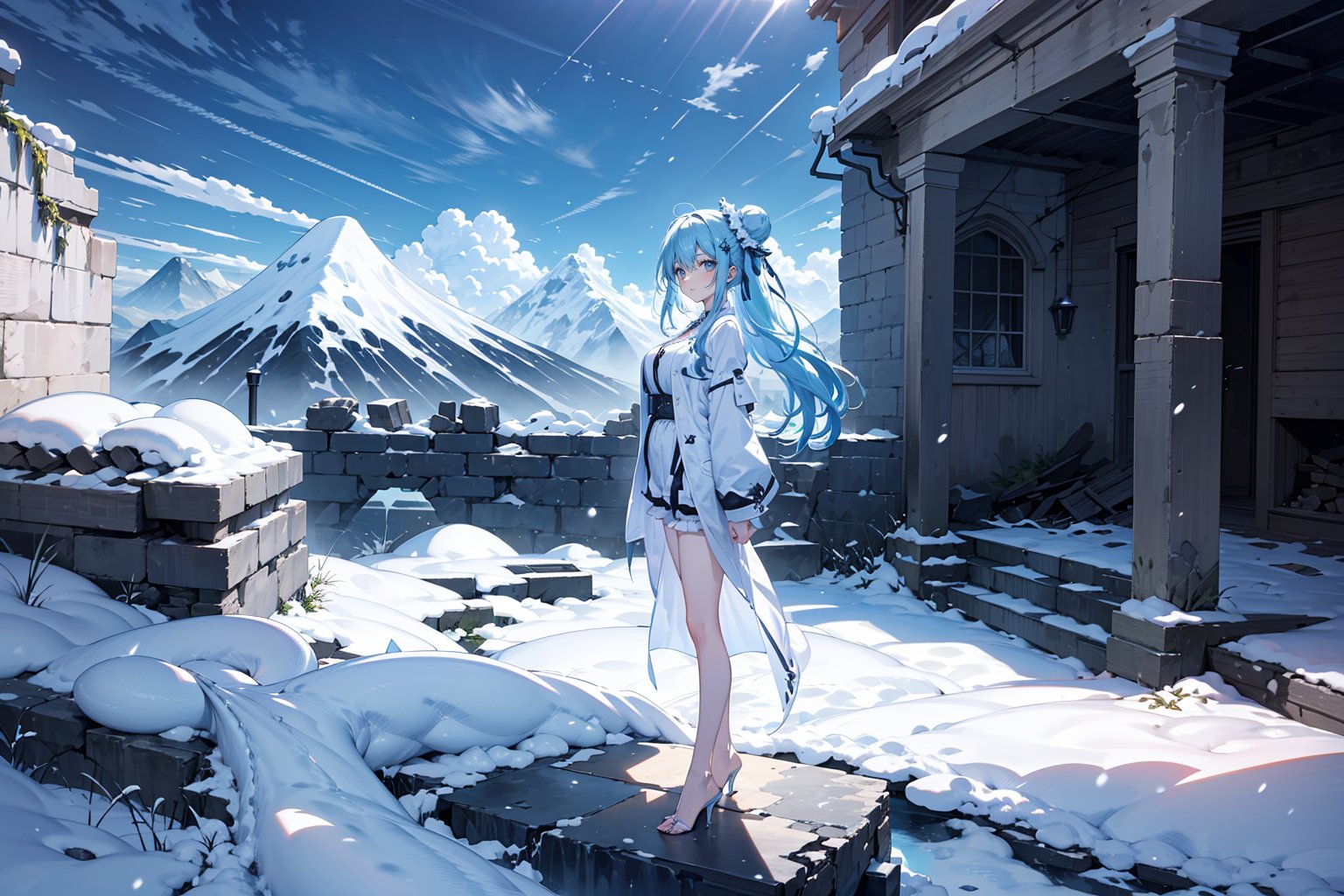  ((wider view:1.8)),full body,one dragon,8k,white dragon,dragonoid girl,  Standing amidst the ruins, with a massive snow-capped mountain in the distance, a dragon soars in the sky. barefoot, (detailed) ,waist-long hair, knee-length hair, wavy hair, side ponytail, bun head, light blue pajamas, light green pattern, white pattern, one-leg stockings, high heels, light Long blue hair, long hair, mixed blue, green and purple hair, clear limbs, clear fingers, standing pose,ancient European architectural style,cathedral,

 ///ultra sharp, masterpiece, best quality, aesthetic, Glamour, High quality, Masterpiece, Best quality, HD, Extremely detailed, voluminetric lighting,High resolution, good detail, bright colors,rgbcolor,