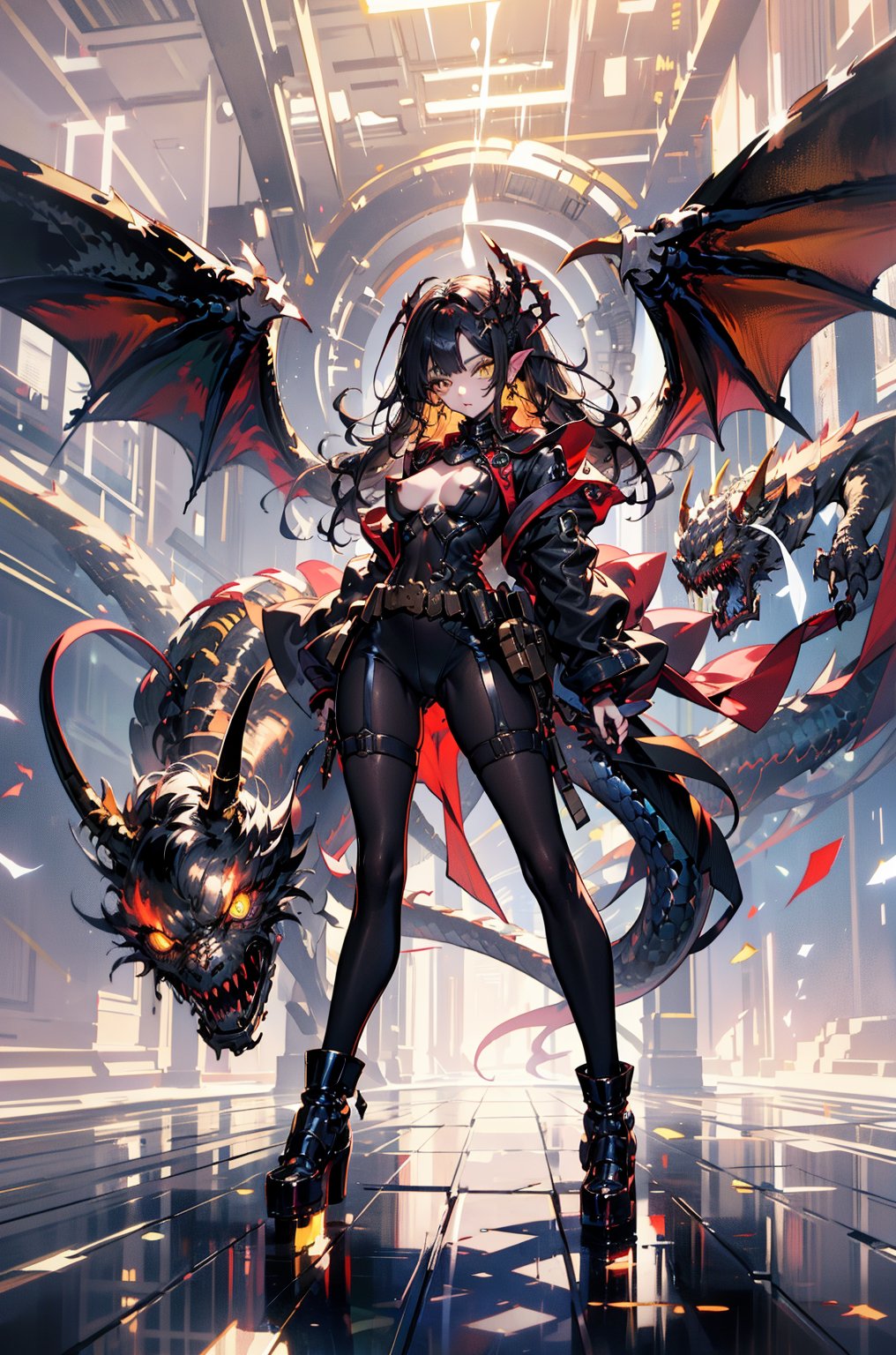 (Full Body), a beautiful woman, a woman standing on a cliff ,her hands behind her back,chest raised, a group of dragons flying behind her, wearing shabby sexy clothes. ///(yellow eyes), big breasts, 4k, best quality, masterpiece, (eyeliner, eye shadow, black lipstick), (glossy lips), ((black hair)), bangs, ((long hair ), (straight hair: 1.4), perfect hands, (perfect nipples), masterpiece, super detailed image, perfect image unfolded in 8k resolution, professional, HDR, high resolution, best lighting , extremely detailed