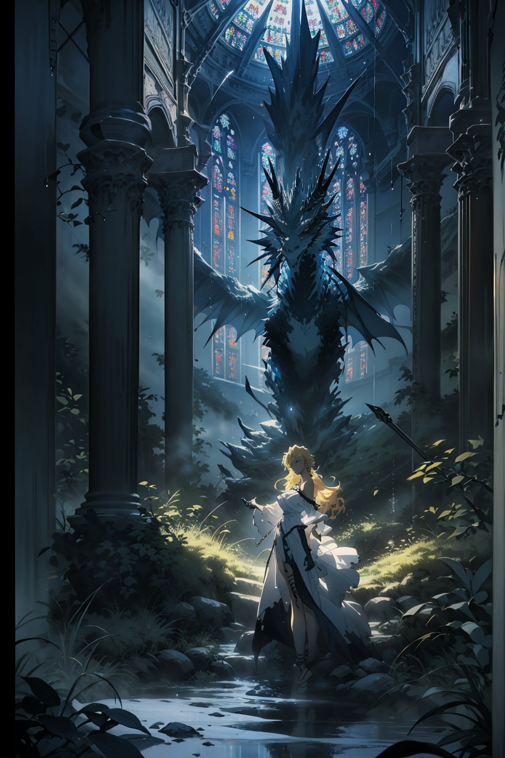 full body,white dragon,dragonoid girl,(masterpiece, best quality, highres, anime style:1.5), (natural skin texture, sharp:1.2),chest raised, ((in the holy cathedral)),trees with golden leaves in the background,a group of dragons flying behind her, wearing shabby sexy clothes. （ruined church）
///brown eyes, glowing eyes, blond hair, long hair, hair between eyes, hair ornament, thigh strap, saggy breast, deep neckline, dress, bare_shoulders,white_dress,(wet clothes), earrings, fine gold necklaces, fine gold anklet, bare shoulders, bare belly, bare legs, deep of field, rain drop, neon, seductive smile, looking at viewer, light refraction, cinematic shot, frozen skin,

masterpiece, best quality, detailmaster2, 8k, 8k UHD, ultra detailed, ultra-high resolution, ultra-high definition, highres,