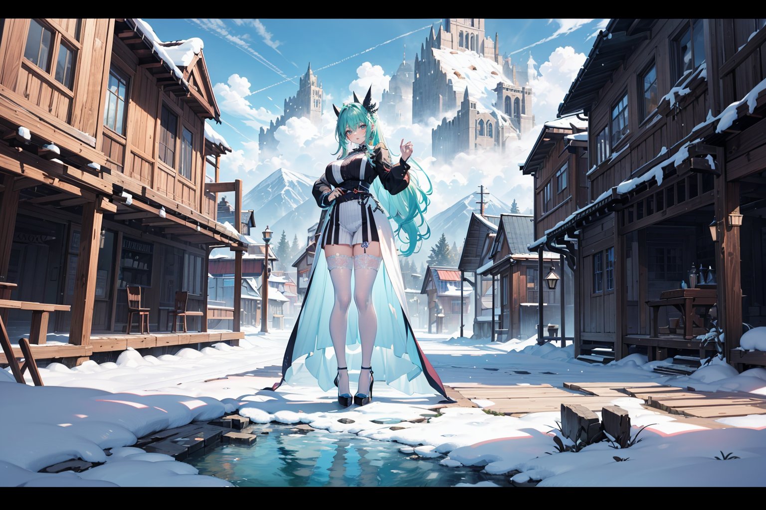  ((wider view:1.8)),full body,8k,Standing amidst the ruins, with a massive snow-capped mountain in the distance, a dragon soars in the sky,waist-long hair, knee-length hair, wavy hair, side ponytail, bun head, light blue pajamas, light green pattern, white pattern, one-leg stockings, high heels, light Long blue hair, long hair, mixed blue, green and purple hair, clear limbs, clear fingers, standing pose,ancient European architectural style

 ///ultra sharp, masterpiece, best quality, aesthetic, Glamour, High quality, Masterpiece, Best quality, HD, Extremely detailed, voluminetric lighting,High resolution, good detail, bright colors,rgbcolor,