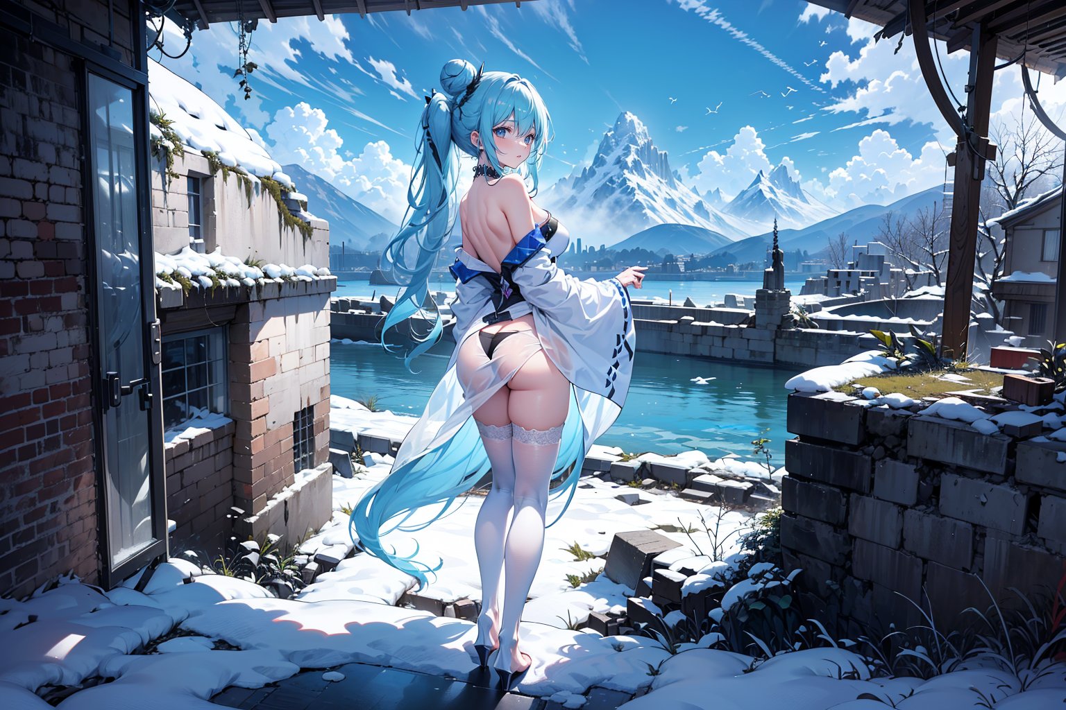  ((wider view:1.2)),full body,one dragon,8k,white dragon,dragonoid girl,  Standing amidst the ruins, with a massive snow-capped mountain in the distance, a dragon soars in the sky. barefoot,(view from the ground up:1.8), (detailed) ,waist-long hair, knee-length hair, wavy hair, side ponytail, bun head, light blue pajamas, light green pattern, white pattern, one-leg stockings, high heels, light Long blue hair, long hair, mixed blue, green and purple hair, butterfly, on the banks of the Seine, topless top, off-shoulder top, bare shoulders, clear limbs, clear fingers, standing pose