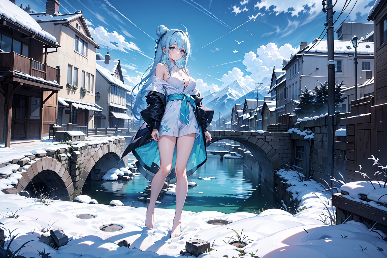  ((wider view:1.2)),full body,one dragon,8k,white dragon,dragonoid girl,  Standing amidst the ruins, with a massive snow-capped mountain in the distance, a dragon soars in the sky. barefoot, (detailed) ,waist-long hair, knee-length hair, wavy hair, side ponytail, bun head, light blue pajamas, light green pattern, white pattern, one-leg stockings, high heels, light Long blue hair, long hair, mixed blue, green and purple hair, butterfly, on the banks of the Seine, topless top, off-shoulder top, bare shoulders, clear limbs, clear fingers, standing pose