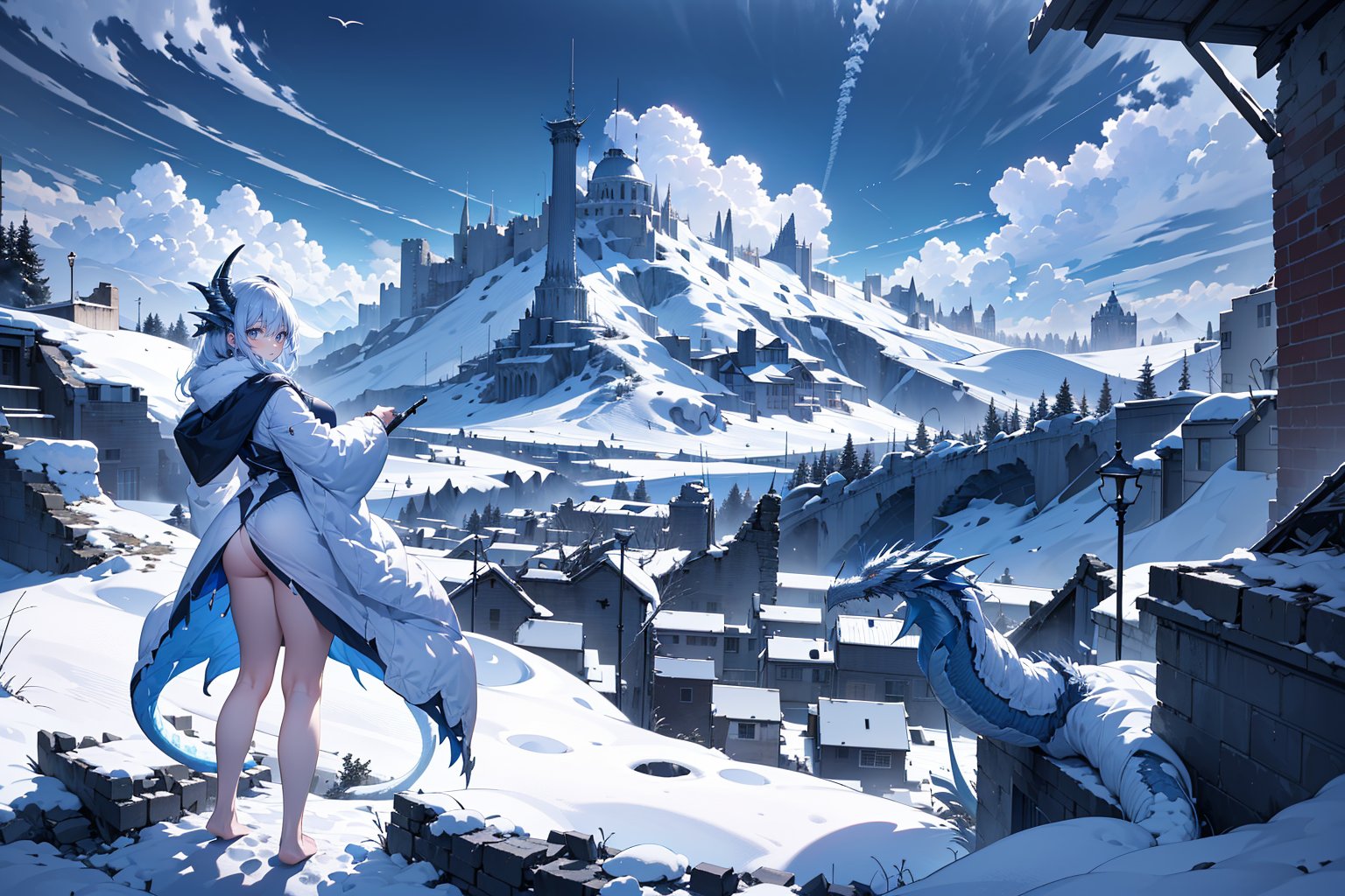 1 girl with glasses, 1 18-year-old girl, ((wider view:1.2)),full body,one dragon,8k,white dragon,dragonoid girl, wearing shabby sexy clothes. Standing amidst the ruins, with a massive snow-capped mountain in the distance, a dragon soars in the sky. barefoot,(view from the ground up:1.8), (detailed) 