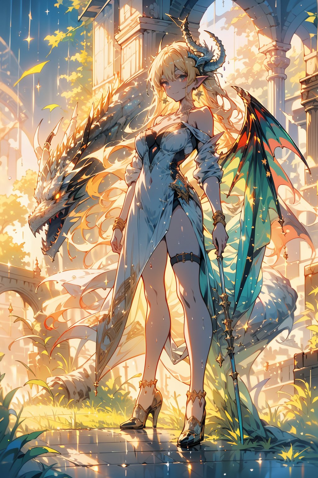 full body,white dragon,dragonoid girl,(masterpiece, best quality, highres, anime style:1.5), (natural skin texture, sharp:1.2),chest raised, ((in the holy cathedral)),trees with golden leaves in the background,a group of dragons flying behind her, wearing shabby sexy clothes. （ruined church）
///brown eyes, glowing eyes, blond hair, long hair, hair between eyes, hair ornament, thigh strap, saggy breast, deep neckline, dress, bare_shoulders,white_dress,(wet clothes), earrings, fine gold necklaces, fine gold anklet, bare shoulders, bare belly, bare legs, deep of field, rain drop, neon, seductive smile, looking at viewer, light refraction, cinematic shot, frozen skin,

masterpiece, best quality, detailmaster2, 8k, 8k UHD, ultra detailed, ultra-high resolution, ultra-high definition, highres,