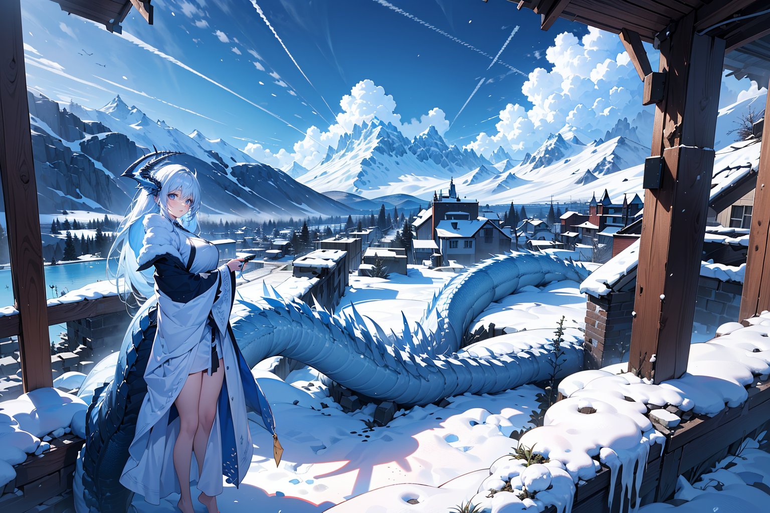 1 girl with glasses, 1 18-year-old girl, ((wider view:1.2)),full body,one dragon,8k,white dragon,dragonoid girl, wearing shabby sexy clothes. Standing amidst the ruins, with a massive snow-capped mountain in the distance, a dragon soars in the sky. barefoot,(view from the ground up:1.8), (detailed) 