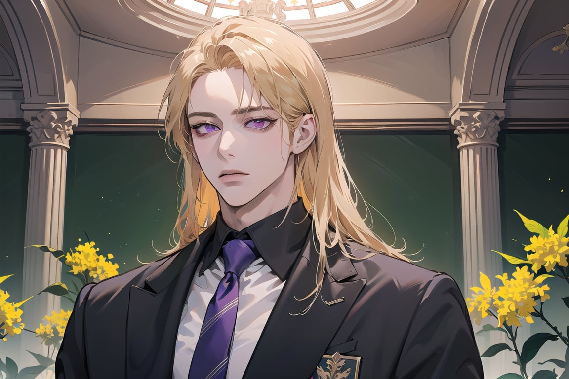 Nitrey, 1man, ((solo focus)), ((Goldenrod hair)), ((long straight hair)), (purple eyes), ((Medium score)), (((half-down))), To reveal the forehead, handsome, angular jaw,  thick neck, ((School uniform:1.3)), tie, by Raphael, masterpiece, upper body shot, magnificent indoor hall