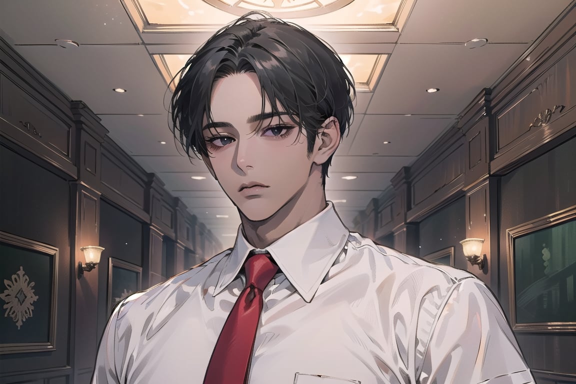 ((black very short hair)), (((dark skin:1.5))), ((center-parting bangs:1.4)), black eyes, mature, angular jaw, thick neck, ((white)) ((shirt:1.3)), short sleeve, ((red tie)), by Raphael, masterpiece, upper body shot, magnificent indoor hall, Dichloe,1 man,1 boy