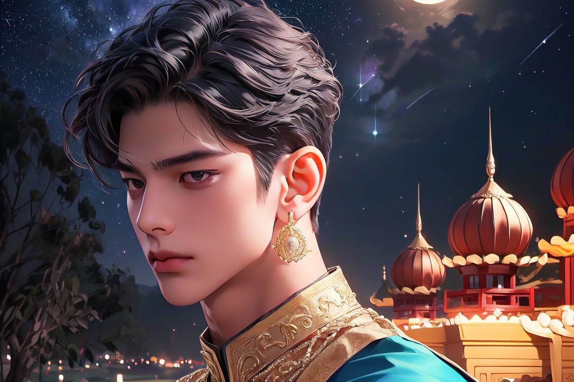 RWA photo, best quality, masterpiece, 8K resolution, ((solo:1.3)), ((1boy)), ready for battle, Asian beautiful teen boy, exquisite facial features, wearing luxurious blue Kurta, adorned with golden earrings, ((black short hair)), ((curly hair)), black eyes, close up portrait, perfect figure, cinematic lighting, in starlit night with big moon, at acient palace