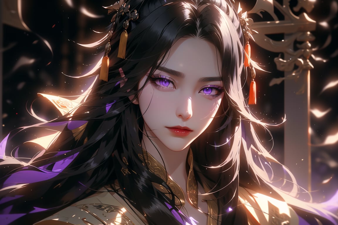 (cowboy shot), dynamic action style, (1woman), (female:1.2), mature face, (mature girl:1.2), sinister smirk, (Chinese hanfu with black and gold accents), finely detailed eyes and face, slim figure, (long black straight hair:1.2), (purple eyes:1.3), (focus on character:1.1), ((solo)), detailed face, detailed eyes, Chinese epic style, clear subject, ultra realistic, ultra detailed, OC rendering, blender, high detail, ultra high quality, dark and ominous atmosphere, dark clouds swirling, subtle mist